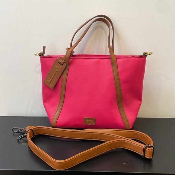 NWOT Fossil Ava Satchel pink with brown leather trim removable shoulder strap - Picture 3 of 13